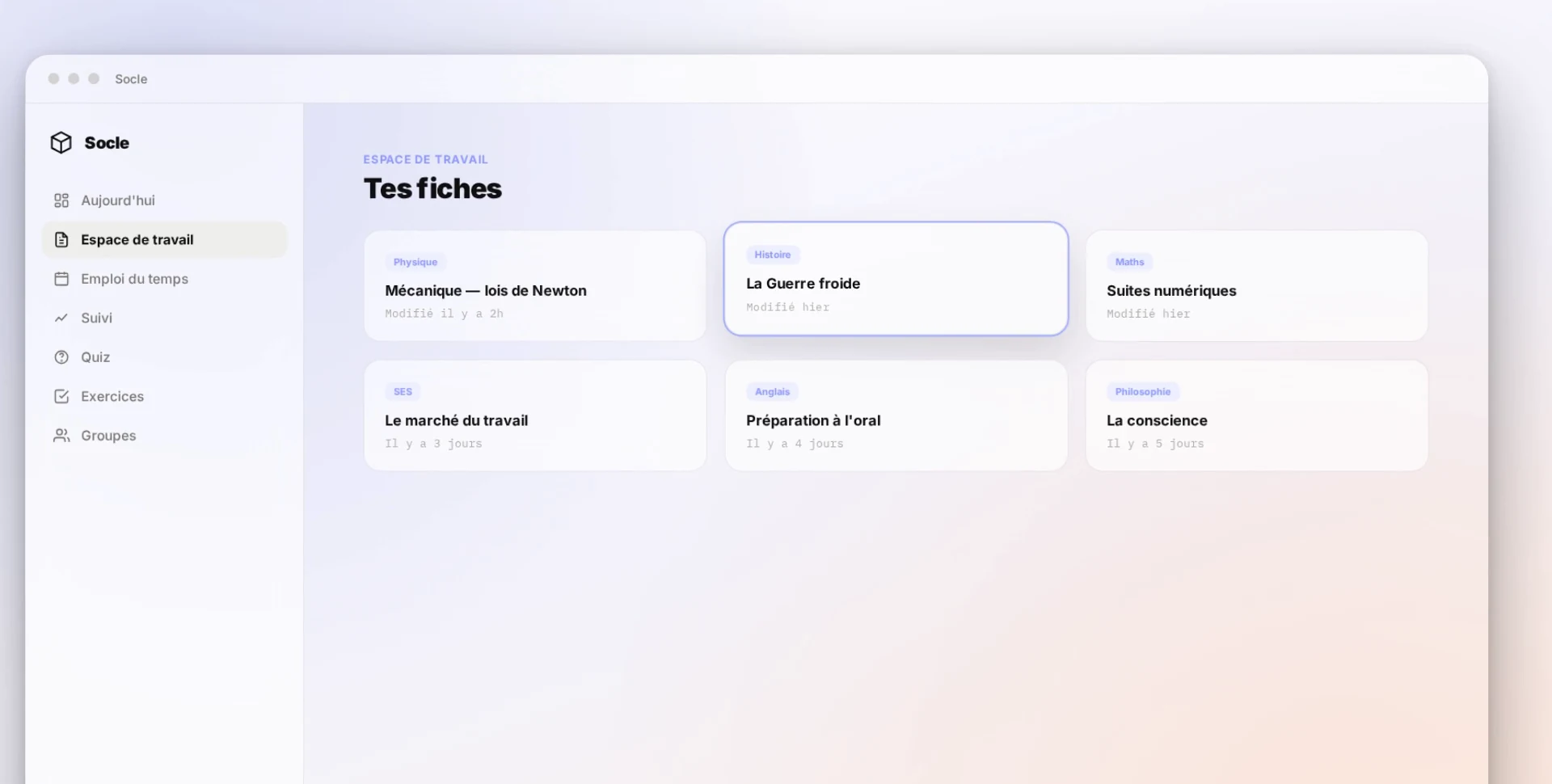 Espace de travail — Tes fiches